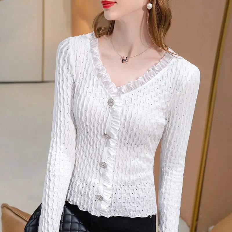 Office Elegant White Ruffles Lace T-shirt Female Top