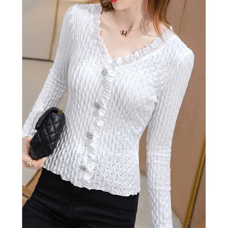 Office Elegant White Ruffles Lace T-shirt Female Top