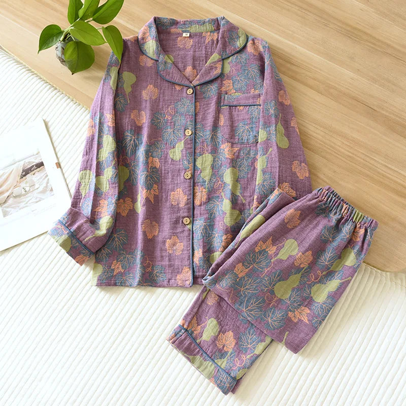 New Women's Pyjamas Set 100% Cotton Vintage Long sleeved Pants Two Piece Set