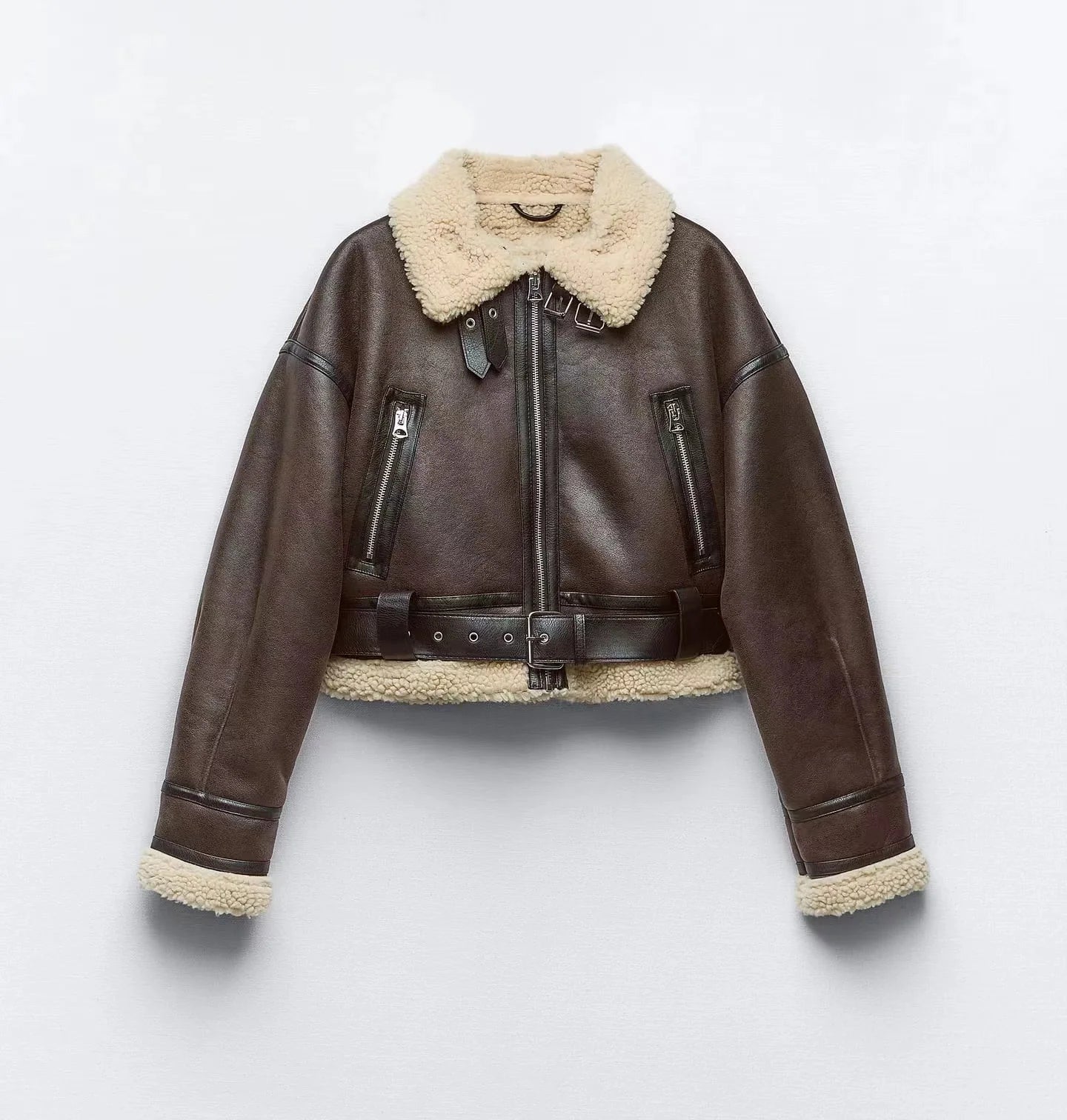 Winter faux sheepskin fur bomber jacket with belt