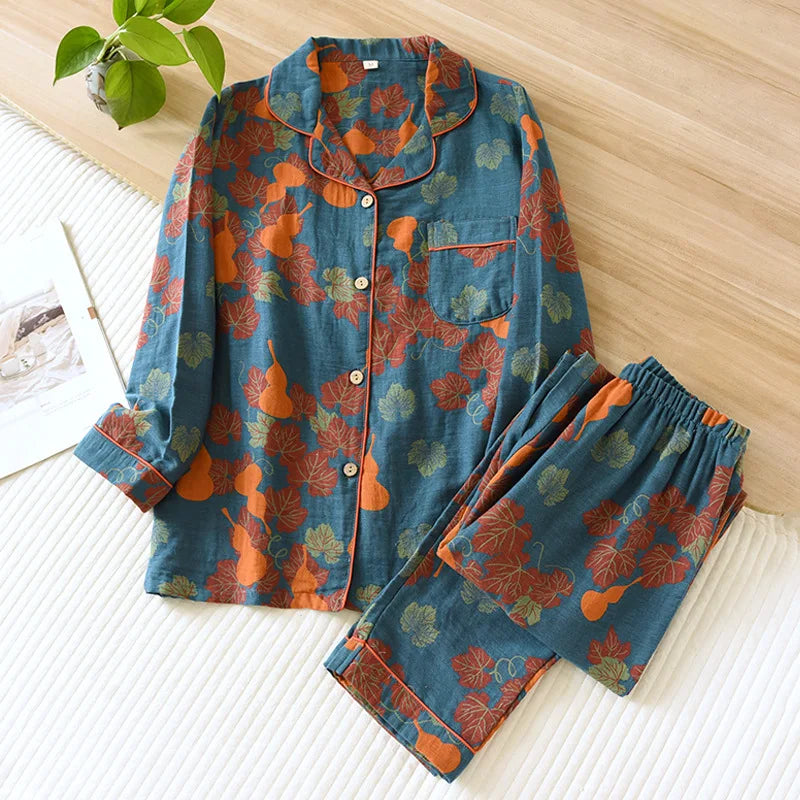 New Women's Pyjamas Set 100% Cotton Vintage Long sleeved Pants Two Piece Set