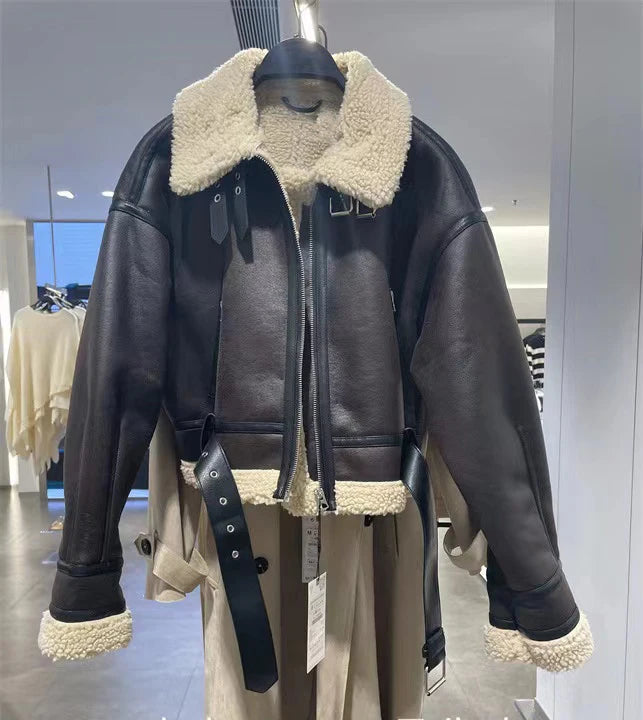 Winter faux sheepskin fur bomber jacket with belt