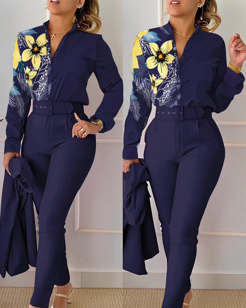 Two piece elegant print shirt and pants sets