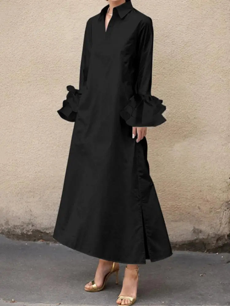 Cotton-blended Solid Color Shirt Dress, Elegant Evening Dresses