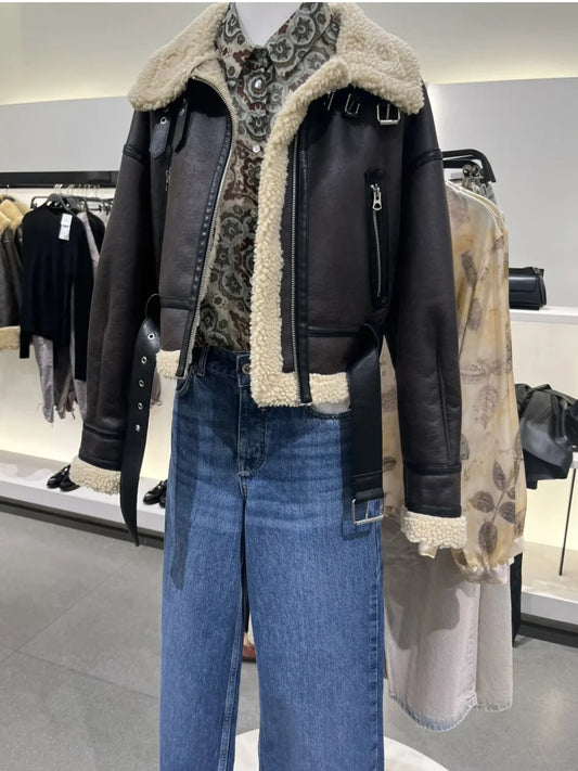 Winter faux sheepskin fur bomber jacket with belt