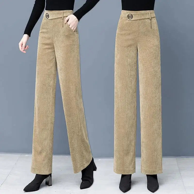 Corduroy Fashion Loose Wide Leg Pants High Waist Elastic Trousers