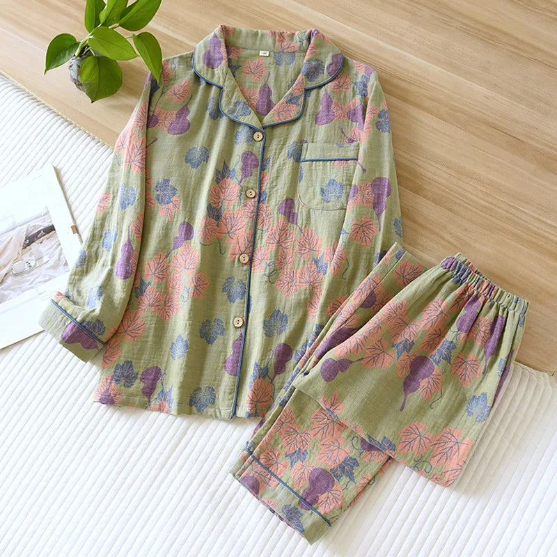 New Women's Pyjamas Set 100% Cotton Vintage Long sleeved Pants Two Piece Set