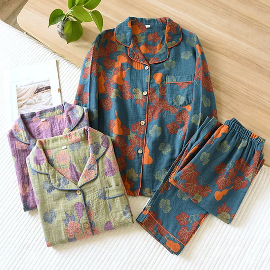 New Women's Pyjamas Set 100% Cotton Vintage Long sleeved Pants Two Piece Set