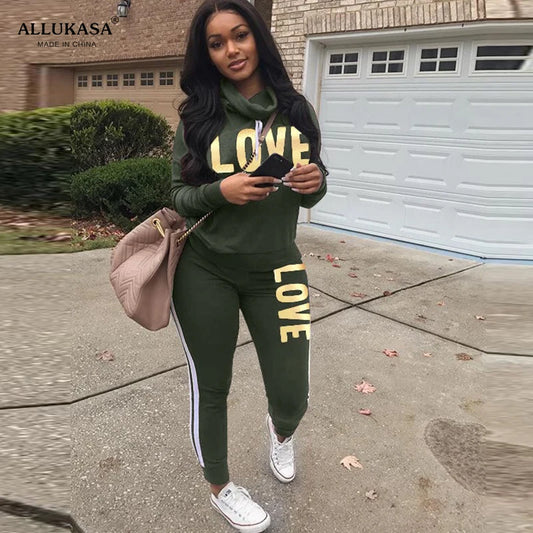 Judy LOVE Letter 2 Piece High Neck Hoodies Sweatshirt Pants Tracksuit