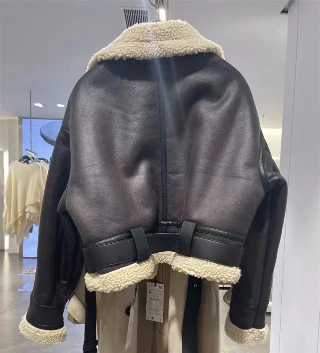 Winter faux sheepskin fur bomber jacket with belt