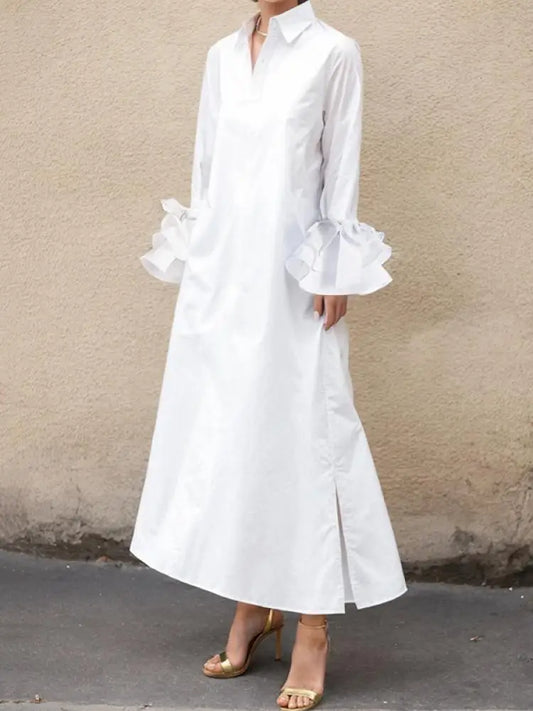 Cotton-blended Solid Color Shirt Dress, Elegant Evening Dresses