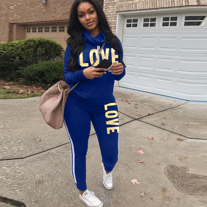 Judy LOVE Letter 2 Piece High Neck Hoodies Sweatshirt Pants Tracksuit