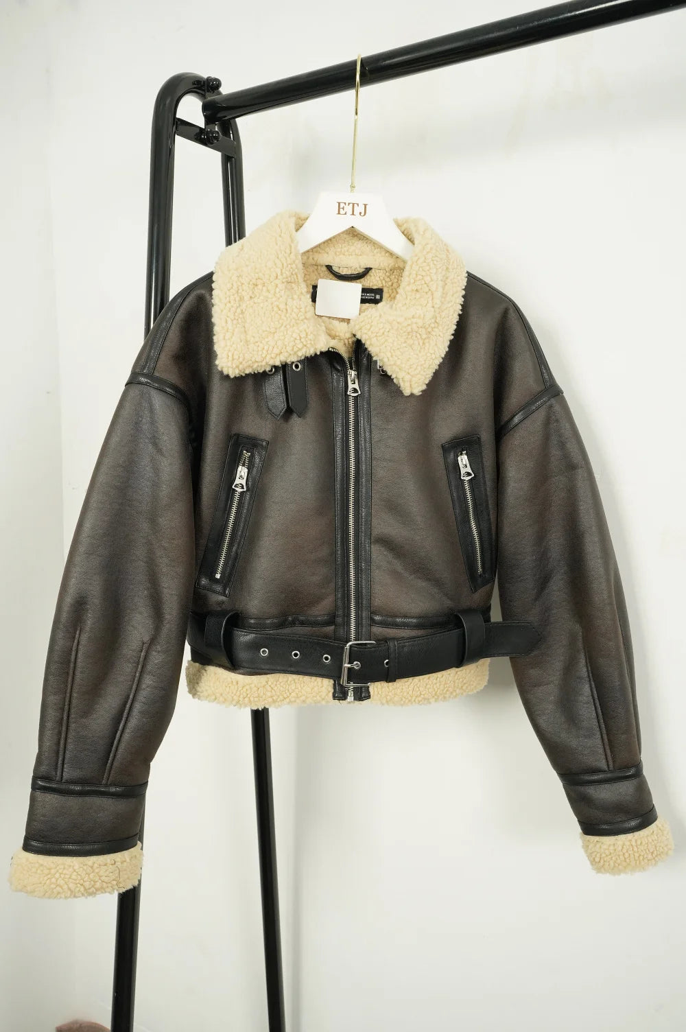 Winter faux sheepskin fur bomber jacket with belt