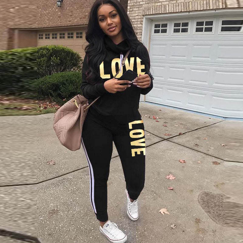 Judy LOVE Letter 2 Piece High Neck Hoodies Sweatshirt Pants Tracksuit